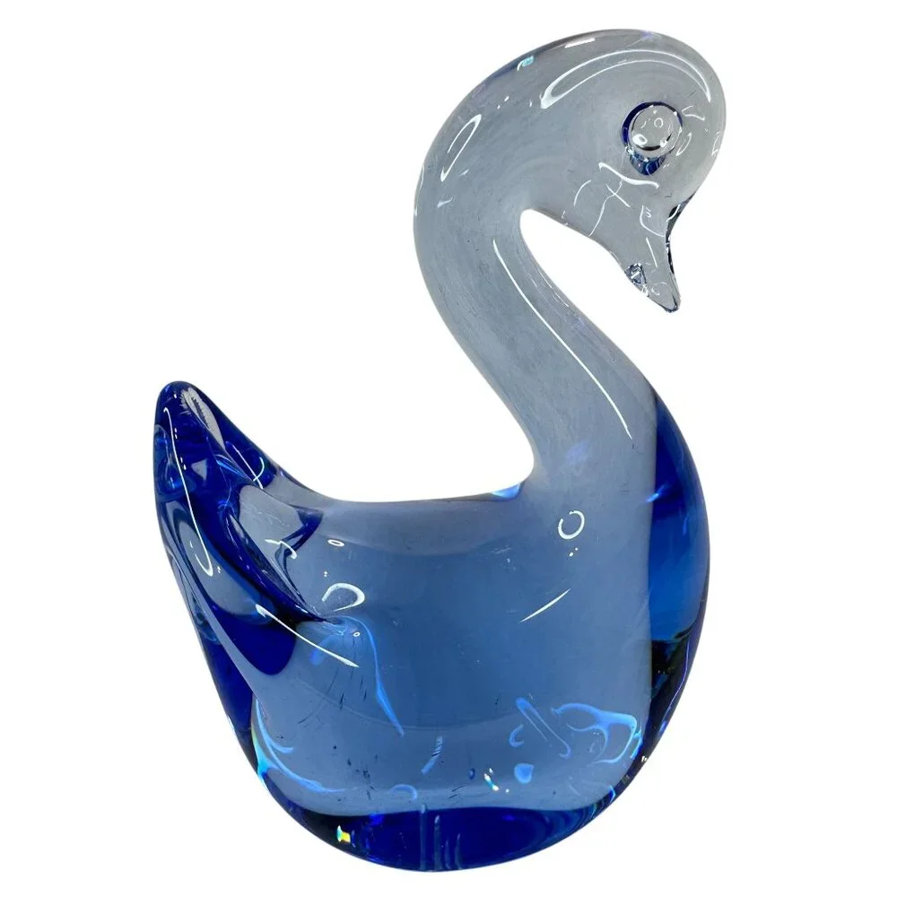 Swan Figurine Paperweight Hand Blown Art Glass Vintage Cobalt Blue 3 X 3.5 Decor
